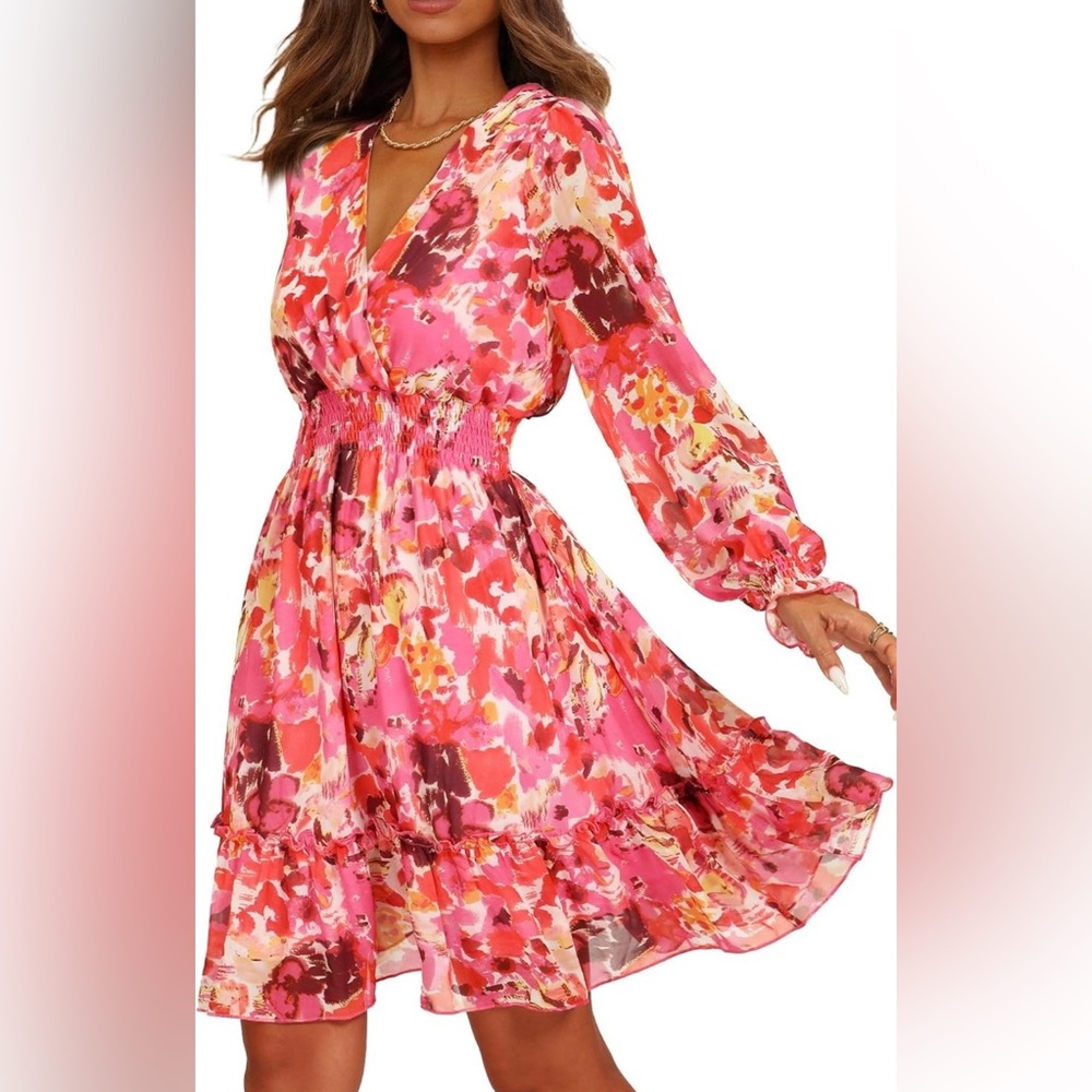Pink Floral Long Sleeve Smocked-Waist Dress